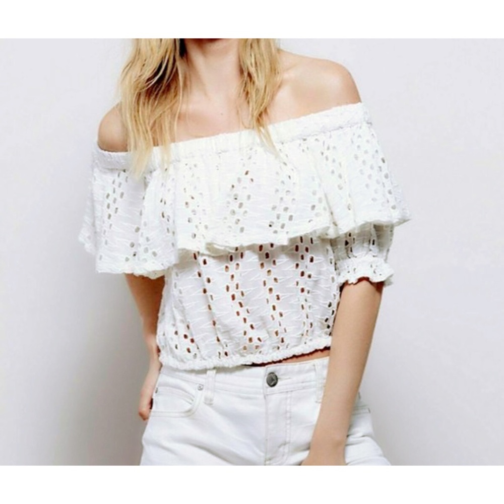 Free People White Eyelet Off-Shoulder Crop Top